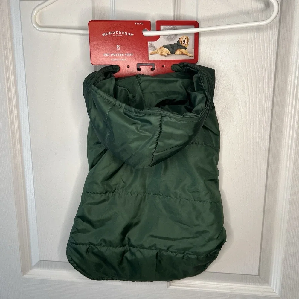 Wondershop Pet Puffer Vest Medium Green NEW Hooded Quilted Dog Jacket